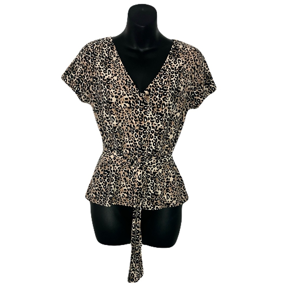 No Boundaries Short Sleeve V Neck Animal Print Wrap Blouse with Tie Waist